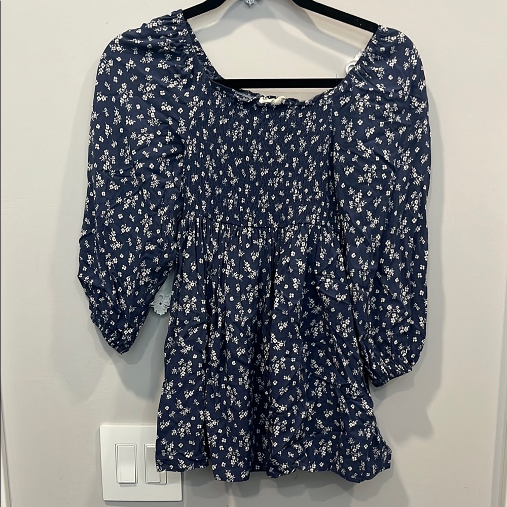 Casual Blue and White Ruffled Smocked Dress with 3/4 Sleeves